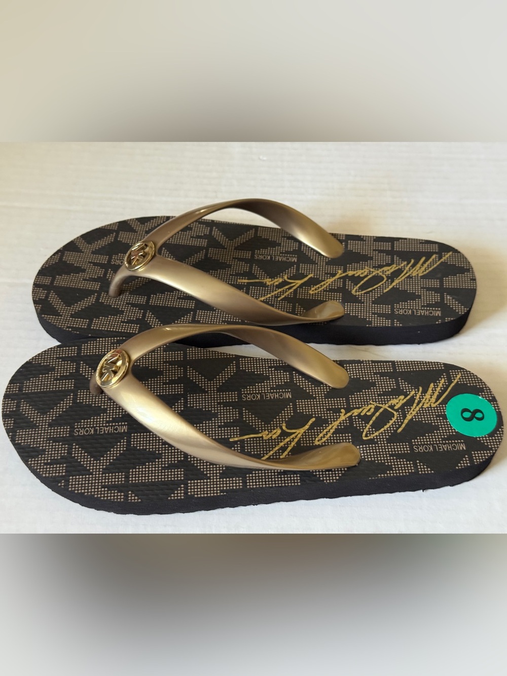 Michael Kors Jet Set Signature Brown + Gold Flip Flops or Sandals Women's Size 8